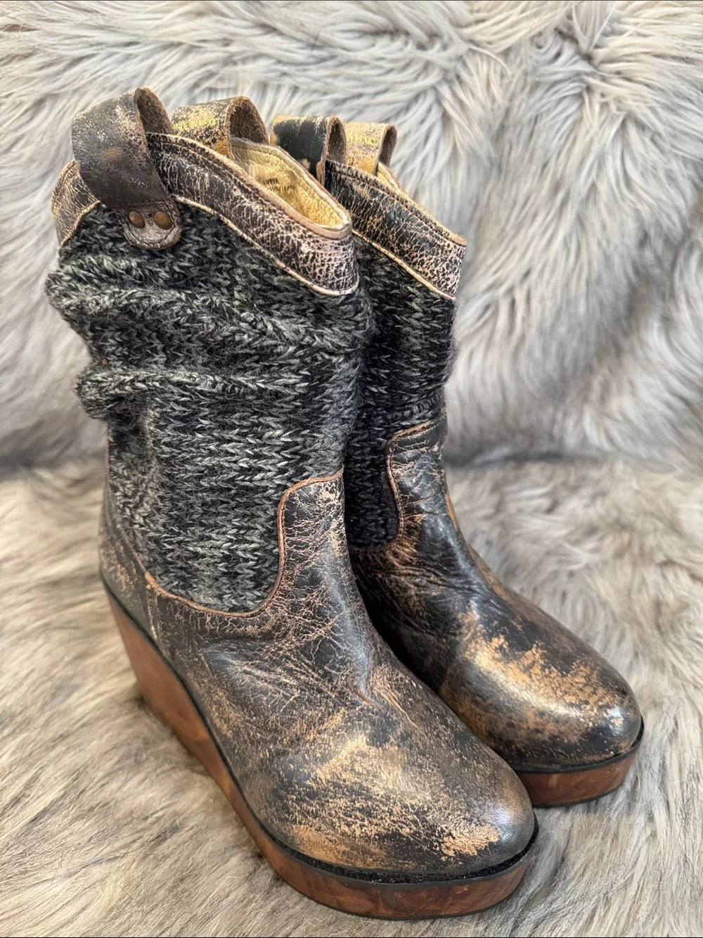 BED|STU Knit-Top Wedge Booties in Distressed Brown and Gray Size 6